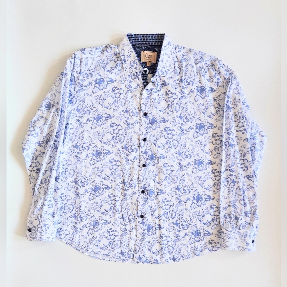 Cigar Couture Contrast Cuff Floral Collar Shirt Size Large White Blue